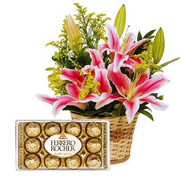 Cesta de Lírio Rosa e Chocolate